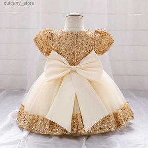 Flickans klänningar Big Bow Gold paljetter Party Baby Girls Dress Toddler Tutu Lace 1st Birthday Princess Dresses For Girl Wedding Prom Christmas Gown L240313