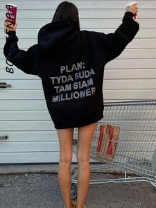 Women's Hoodies BOOFEENAA Rhinestone Black Oversized Graphic Sweatshirts Streetwear Women Clothing Trend 2024 Fall Winter C69-EZ52