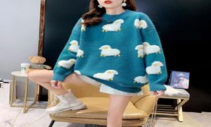 Frauen Niedlichen Cartoon Schafe Pullover Langarm ONeck Pullover Tunika Tops Harajuku Übergroßen Lose Strickwaren Jumper Shirt Women0392373615