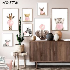 Pink Bubble Elephant Giraffe Child Poster Animal Wall Art Canvas Nursery Print Painting Nordic Kid Baby Room Decoration Picture205q