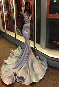 Abiti da ballo a sirena sudafricana 2k19 Abiti da sera in pizzo e raso grigio argento Sweep Train Abito da cocktail party Custom Made1955187