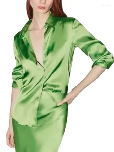 Camicette da donna 2024 Moda Estate Autunno Donna Elegante manica lunga Camicie di base Donna Vintage Verde Morbido raso Belle Top