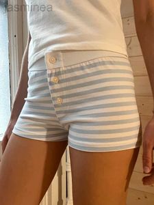 Kvinnors shorts vintage randig knapp Slim Shorts Patchwork Elastic midja Bomull Rak kort byxa Harajuku Summer Shorts LDD240312