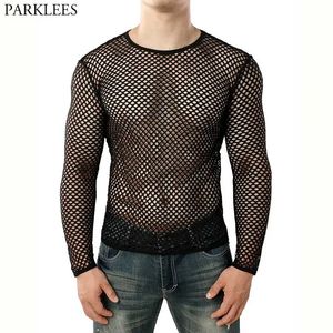 Mens Transparente Sexy Malha Camiseta Ver Através Fishnet Manga Longa Muscle Undershirts Nightclub Party Perform Top Tees 240308