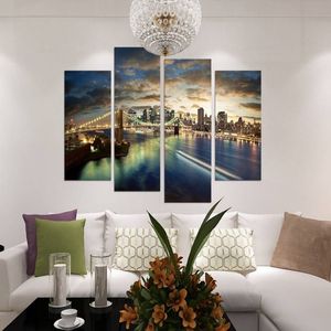 4pcs set Brooklyn Bridge Night View No Frame Wall Art Oil Painting On Canvas Seascape Paintings Picture Decor Living Room293G