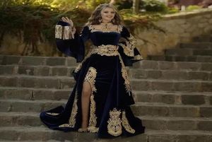 2022 Navy Blue Morocco Kaftan Formal Evening Dress with Detachable Skirt Two Pieces Long Sleeve Mermaid Velvet Prom Gown Arabic Pa6609959