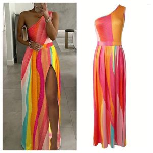 Casual Dresses Women One Shoulder Wrap Cutout Sleeveless High Side Split Maxi Long Dress 2024 Vestido Summer Sexy Party Evening