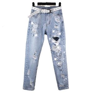 Indústria pesada pregou jeans de buraco quebrado para mulheres 2023 Primavera e outono Nova moda High Caist Mendicgar Nine Point Papai calça colapsível jeans