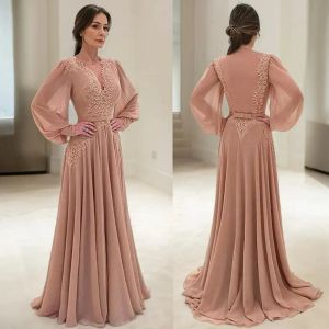 Elegant Mother Of The Bride Dress Chiffon Lace V Neck Long Sleeve Mother's Dress With Belt For Marriage Bride Gowns