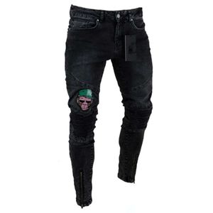 Moda chude dżinsy męskie Stylowe podarte dżinsy spodnie motocyklista chude szczupły pralte dżinsowe spodnie czarne niebieskie man Designer dżinsy 621