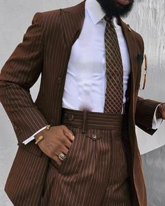 Brown Stripe Men Suit 2 PCS Bespoke Groom Prom Slim Fit Double Breasted Wedding Terno Lapel Blazer Trousers Jacketpant 240311