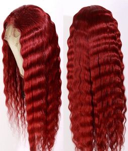 Pre Plucked Red Color Long Deep Wave 13x4 Spets Front Human Hair Wigs With Baby Hair Brasilian Remy Transparent Lace9555340