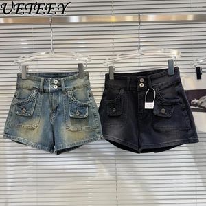 Kvinnors shorts 2024 Spring Summer Retro Workwear Pocket Design tvättas slitna denim mode Simple High midje jeans byxor