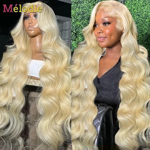 Melodie 34 Polegada 613 mel loira cor peruca hd transparente onda do corpo 13x6 frontal cabelo humano para mulher 13x4 frente do laço 240229