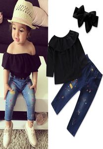 Barn Ins Outfits Girls Bow Headbandoff Shoulder Topdenim Pants 3PCSSet 2018 Baby Suit Boutique Kids Clothing Set C39184269210