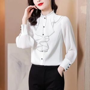 Kvinnors blusar 2024 Stand Collar Chiffon Ruffled Design Blus Korean Elegant Women Shirt Långärmad Fashion Loose Tops Z250