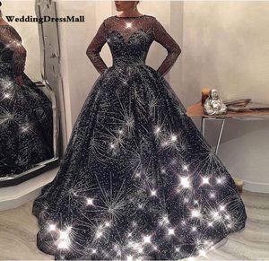 Suknia wieczorna suknia balowa z długim rękawem Bling Bling granatowy kaftan Dubai Formalna arabska sukienka szata de Bal LonGue6857670