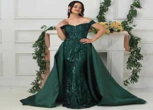 2020 Tiefgrüne Meerjungfrau-Abschlussballkleider, glitzernd, schulterfrei, afrikanisches formelles Abendkleid, sexy Partykleid mit Überrock4620667