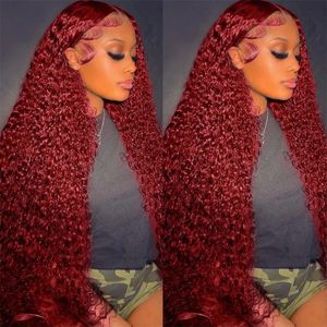 99J Dark Red Glueless Lace Pront Burgundy Kinky Curly Human Hair Bows 13x4 الشفافة الشفافة الدانتيل الأمامية للنساء المعروضة للبيع