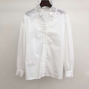 Fadans familj 2022 French Vintage Ruffle Edge Standing Neck Bubble Sleeves White Palace Style Shirt Långärmad topp