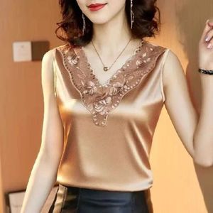 Women's Blouses Shirts Korean Silk Women Blouses Shirt Woman Satin Blouse Tops Women Satin Lace Embroidery Blouse Top Woman V-neck Printing Shirts TopsL24312