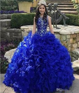 Increspature a cascata a strati Abiti Quinceanera blu reale Gioiello Collo Organza di cristallo Abito dolce 16 Abiti 15 anos4242103