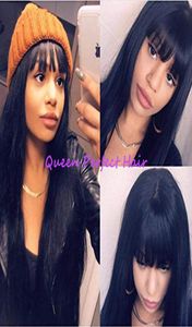 Full Bangs Natural Black Long Silky Straight Peruk med babyhårvärmebeständig Glueless Synthetic Inga spetsar peruker för mode Black2324276