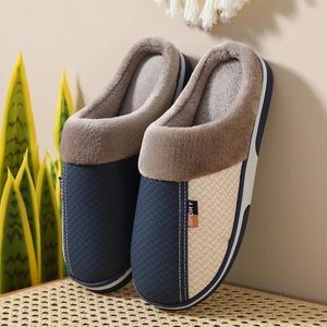 Slippers Winter Warm Men's Plush Home Indoor Non-slip PU Leather Upper Waterproof House Slides Outside Male Cotton Shoes