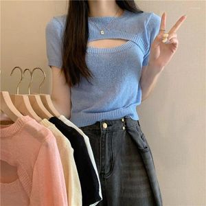 女性用Tシャツソリッドシックホローアウトハラジュクティーベーシックメスストリートウェア春夏オフィスレディ美学女性服カジュアルトップ