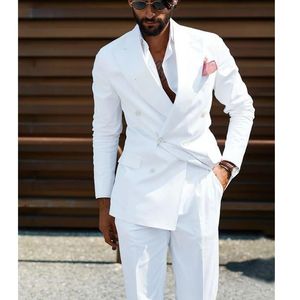 White Double Breasted Men Suits Slim Fit Wedding Groom Tuxedos 2 Piece Casual Style Male Fashion Costume Homme JacketPants 240311