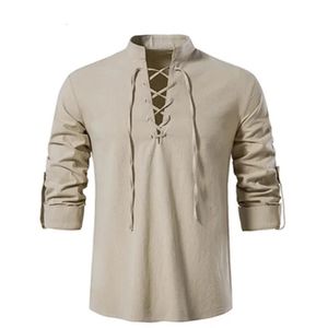 Camisa masculina com decote em v camiseta moda vintage fino manga longa topo casual respirável viking frente rendas até camisas masculinas 240307