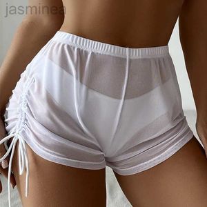 Shorts kvinnors sexiga rena mesh bikini shorts sommarstrand transparent täcker färg midja dragkropp korta byxor ldd240312