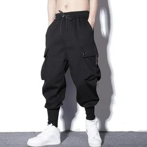 Casual MultiCocket lastbyxor Lossa Harem Pants Fashion Outdoor Hip Hop Streetwear Male Drawstring Elastic Black Sweatpants 240305