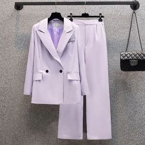 Womens 2024 Spring/Summer Leisure Pioneer Jacket Matching Set Korean Elegant Purple Suit Jacket+Wide Leg Pants Two-Piece Set 240312