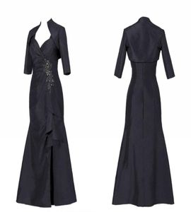 Сексуальный черный костюм для матери невесты и жениха, платья с пиджаком, русалка с разрезом по бокам, тафта, блестки, бисер, плиссированные, вечерние большие размеры G7397347