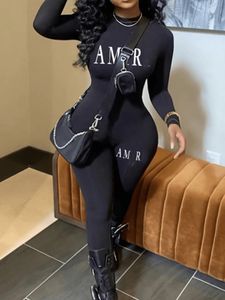 Stylish Lady Letter Printed Jogger Rompers and Jumpsuits 2024 Spring Women Long Sleeve O Neck Bodycon Sexig Club Party Slim Black Overalls