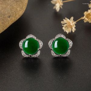 Stud Earrings Natural Green Jade Flower 925 Silver Agate Chinese Hand-Carved Fashion Charm Jewelry Accessories Amulet Gifts For Women