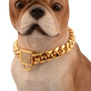 Diamond Buckle Dog Chain 14mm Pet Dog Collar Rostfritt stål Pet Gold Chain Cat Dog Collar Accessories319C