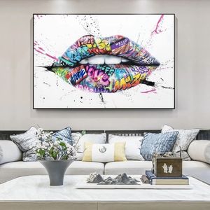 Pinturas modernas em tela de arte grafite, lábios abstratos, posteres e impressões, imagens de arte de parede para sala de estar, decoração de casa, quadros no fra291n