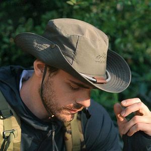 Wide Brim Hats Bucket Mens bucket cap letter embroidered leather label denim waterproof outdoor hiking fishing light 8cm UV resistant sun hat Q240312