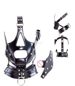 SM Sex Vuxen Toy Pu Leather Fetish Head Wrap Bondage Headgear Mask Hood With Harness Strap Munis Penis Gag Restraint Rollspel till5545774