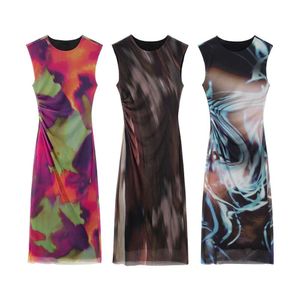 Wholesale Autumn Dress Style Womens Round Neck Sleeveless Printed Silk Mesh