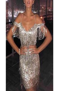 Sequin Tassel Fringe Dress Women Sparkly Cold shoulder Backless Sexy Bodycon Mini Dress Elegant Glitter Short Party Club Dress T201150597