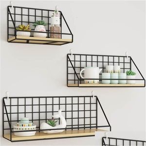 Andra hemträdgårdsförvaringshållare Rackar Träjärnväggshylla Arrangör Holder Kitchen Supplies Shef Rack Hanging Cabinet för Drop OT2ZO