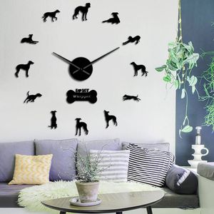 Übergroßes Whippet-Hundeporträt, 3D-Acryl-DIY-Wanduhr, italienischer Windhund, Hundetier, Spiegeleffekt, Wandaufkleber, Uhr, Uhr, 2304i