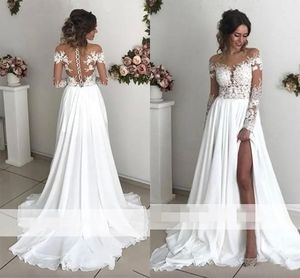 Exquisite Lace Chiffon A-Line Wedding Dresses 2024 Sheer Neck Long Sleeves Side Split Sweep Train Back Cover Buttons Country Bridal Gowns