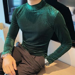 Autumn Winter Half Turtleneck Velour Under T Shirt Men Long Sleeve Casual Stripe Slim Fit Tops Tees Fashion Social 240308