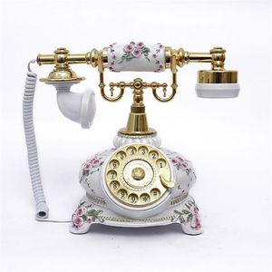 Ceramic Antique Telephone with Vintage Style and White Emboss Rose Desk Phone for Living Room Decor242b