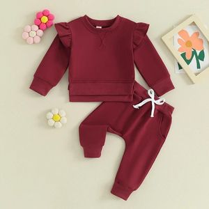 Kläduppsättningar Småbarn Baby Girl Clothes Fall Winter Outfits Solid Color Ruffle Long Sleeve Crewneck Sweatshirt och Jogger Pants Set