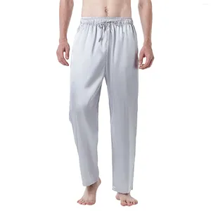 Herrbyxor Spring Mens Solid Color Silk Pyjamas Europeiska koden Casual Simulation Men Loose Wear Drawstring Trousers